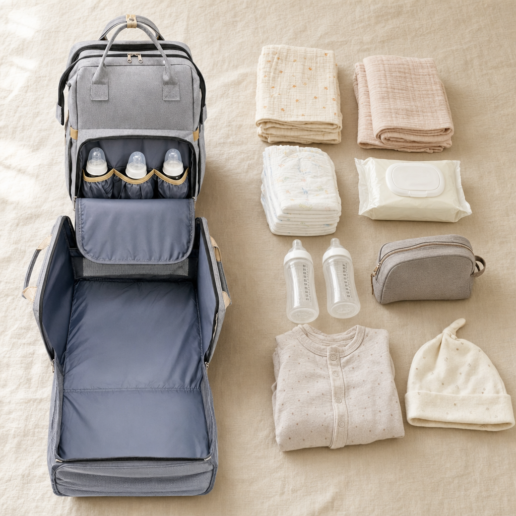 The bag open beside a full day of baby kit laid out