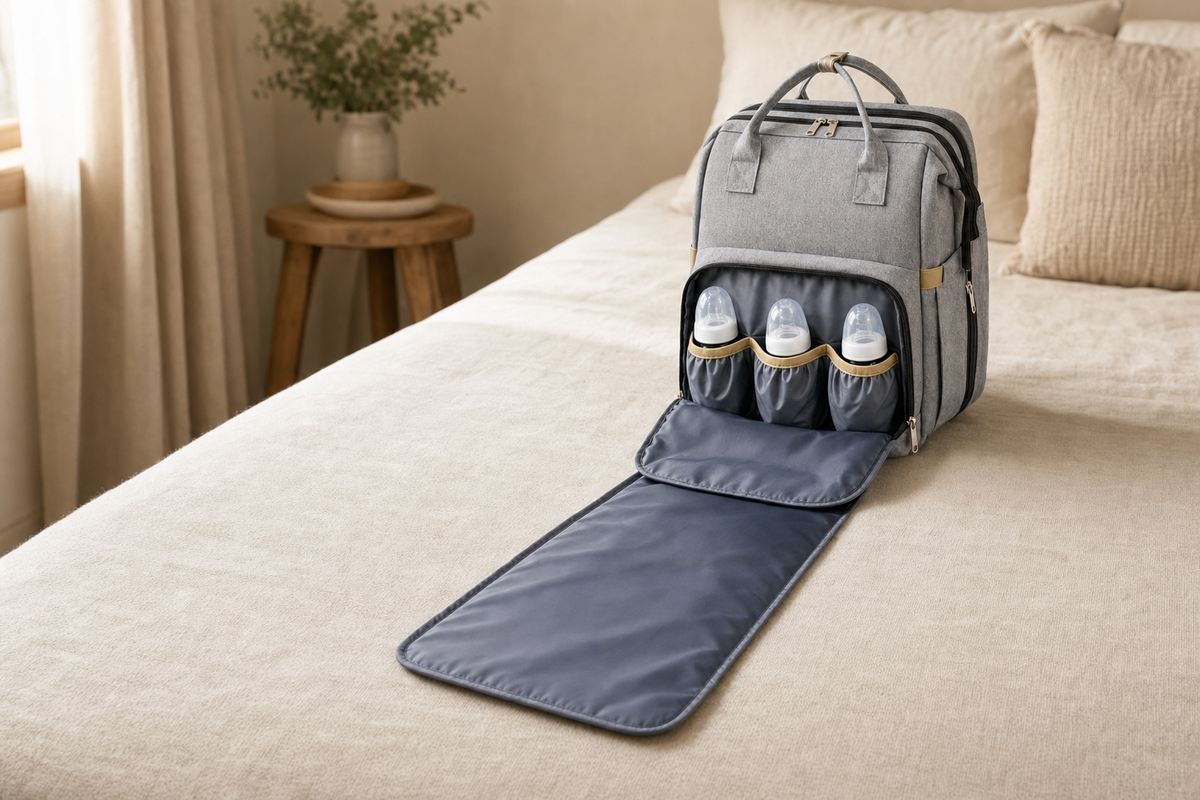 The bag open on a bed with the changing panel folded out